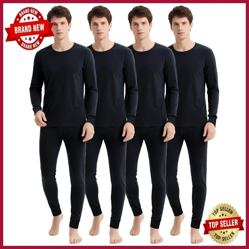 Men's 4-Piece Cotton Thermal Underwear Set, Slim Fit Base Layer for Winter